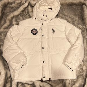 Men's Polo Ralph Lauren Alpine Racing Down Hooded Puffer Jacket White NWT Large